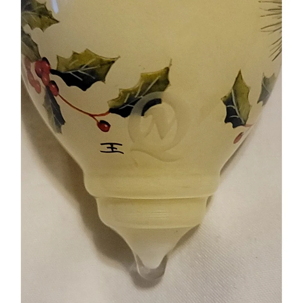 Ne'Qwa Art Hand Blown Glass Reverse Painted Cardinal, Holly, Pine Cones Ornament